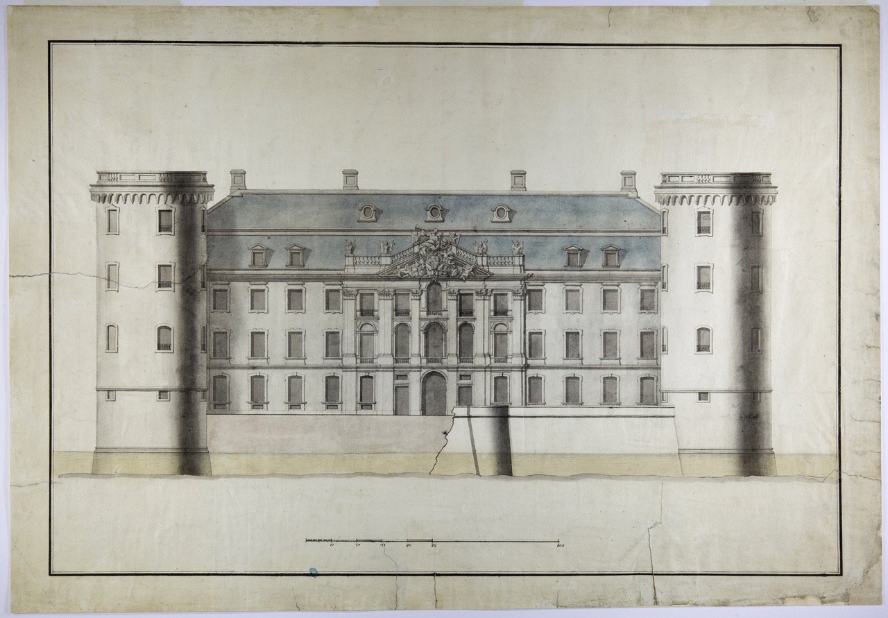 Abb 6 Johann Conrad Schlaun Schloss Augustusburg Aufriss der Westfassade Bildnachweis LVR Amt fuer Denkmalpflege im Rheinland Grafiksammlung